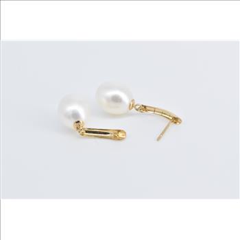 14K Vintage Pearl Curved Dangle Drop Fashion Yellow Gold Earrings