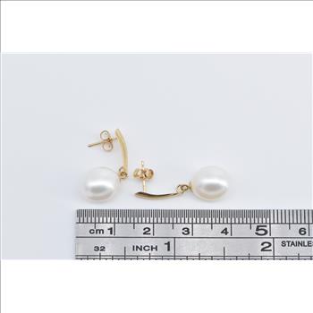14K Vintage Pearl Curved Dangle Drop Fashion Yellow Gold Earrings
