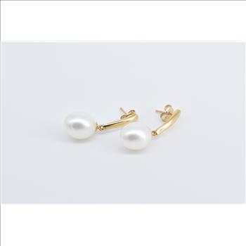 14K Vintage Pearl Curved Dangle Drop Fashion Yellow Gold Earrings