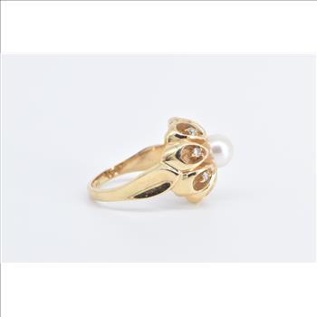 14K Vintage Pearl Diamond Halo Statement Cocktail Yellow Gold Ring, Size 7.25
