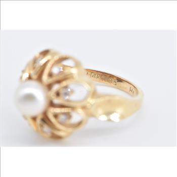 14K Vintage Pearl Diamond Halo Statement Cocktail Yellow Gold Ring, Size 7.25