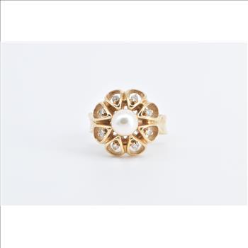 14K Vintage Pearl Diamond Halo Statement Cocktail Yellow Gold Ring, Size 7.25
