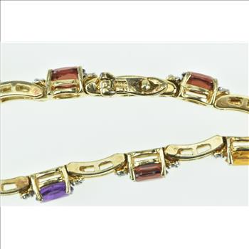 14K Vintage Rainbow Gemstone Diamond Bar Link Yellow Gold Bracelet 7