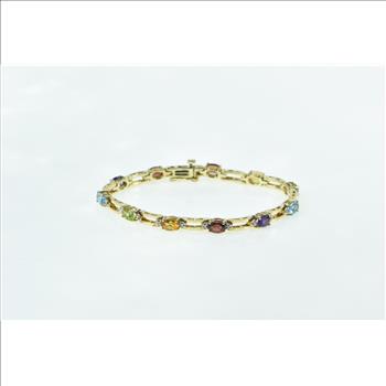 14K Vintage Rainbow Gemstone Diamond Bar Link Yellow Gold Bracelet 7