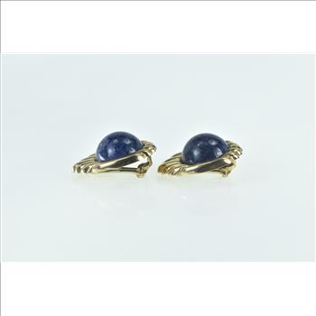 14K Vintage Round Lapis Lazuli Cabochon Yellow Gold Earrings