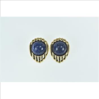 14K Vintage Round Lapis Lazuli Cabochon Yellow Gold Earrings