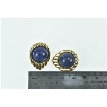 14K Vintage Round Lapis Lazuli Cabochon Yellow Gold Earrings