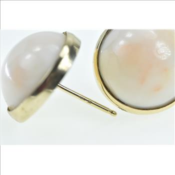 14K Vintage Round Pink Coral Cabochon Stud Yellow Gold Earrings