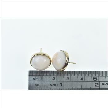 14K Vintage Round Pink Coral Cabochon Stud Yellow Gold Earrings