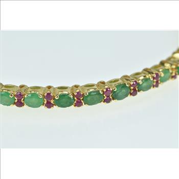14K Vintage Ruby Emerald Encrusted Bangle Yellow Gold Bracelet 7