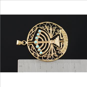 14K Vintage Ruby Turquoise Spinning Menorah Jewish Filigree Yellow Gold Charm/Pendant