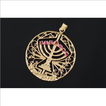 14K Vintage Ruby Turquoise Spinning Menorah Jewish Filigree Yellow Gold Charm/Pendant