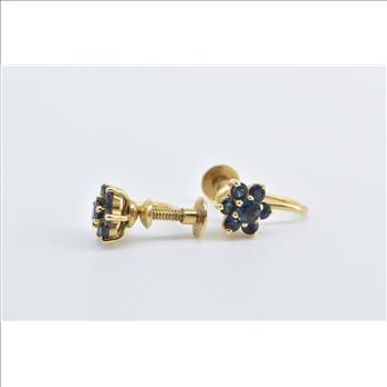 14K Vintage Sapphire Flower Cluster Screw Back Yellow Gold Earrings
