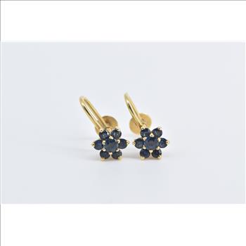 14K Vintage Sapphire Flower Cluster Screw Back Yellow Gold Earrings
