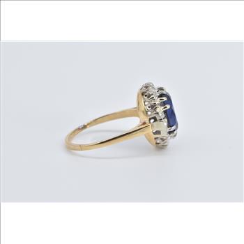 14K Vintage Syn. Sapphire Diamond Halo Engagement Yellow Gold Ring, Size 9.5