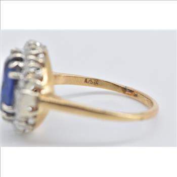 14K Vintage Syn. Sapphire Diamond Halo Engagement Yellow Gold Ring, Size 9.5