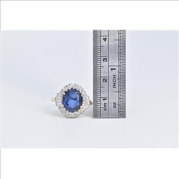 14K Vintage Syn. Sapphire Diamond Halo Engagement Yellow Gold Ring, Size 9.5