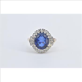 14K Vintage Syn. Sapphire Diamond Halo Engagement Yellow Gold Ring, Size 9.5