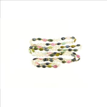 14K Watermelon Tourmaline Pearl Beaded Statement Yellow Gold Necklace 38