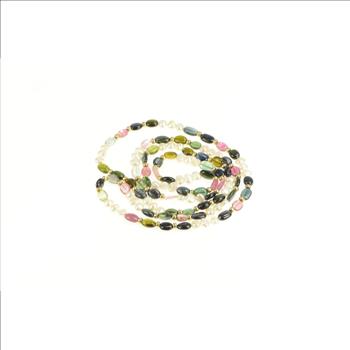14K Watermelon Tourmaline Pearl Beaded Statement Yellow Gold Necklace 38