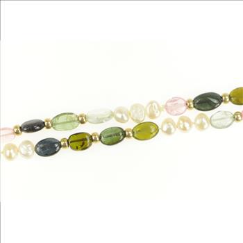14K Watermelon Tourmaline Pearl Beaded Statement Yellow Gold Necklace 38