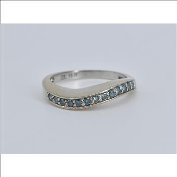 14K Wavy Blue Diamond Curvy Statement Band White Gold Ring, Size 7.75