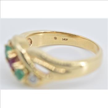14K Wavy Ruby Emerald Diamond Curvy Fashion Yellow Gold Ring, Size 7
