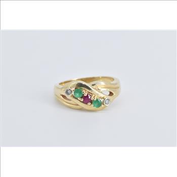 14K Wavy Ruby Emerald Diamond Curvy Fashion Yellow Gold Ring, Size 7