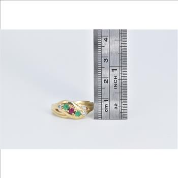 14K Wavy Ruby Emerald Diamond Curvy Fashion Yellow Gold Ring, Size 7