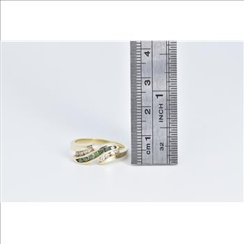 14K White & Treated Green Diamond Wavy Band Yellow Gold Ring, Size 7.5