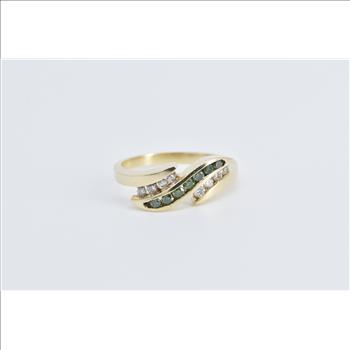 14K White & Treated Green Diamond Wavy Band Yellow Gold Ring, Size 7.5