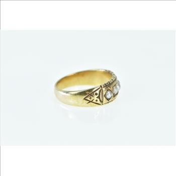 15K 1883 Victorian Ornate Pearl SB&S Band Yellow Gold Ring, Size 6.25
