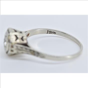 18K 0.18 Ct Diamond Art Deco Filigree Engagement White Gold Ring, Size 8