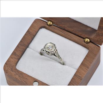 18K 0.18 Ct Diamond Art Deco Filigree Engagement White Gold Ring, Size 8