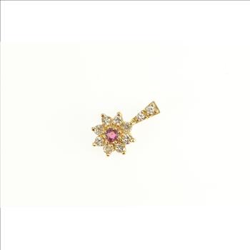 18K 0.36 Ctw Diamond Ruby Flower Halo Cluster Yellow Gold Pendant