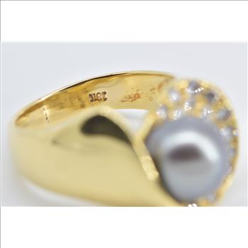 18K 0.50 Ctw Diamond Pearl Tahitian Pearl Vintage Yellow Gold Ring, Size 6.5