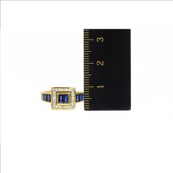 18K 0.78 Ctw LeVian Sapphire Diamond Halo Yellow Gold Ring, Size 6.75