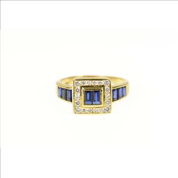 18K 0.78 Ctw LeVian Sapphire Diamond Halo Yellow Gold Ring, Size 6.75