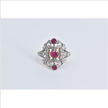 18K 0.83 Ctw Natural Ruby Diamond Filigree Yellow Gold Ring, Size 7