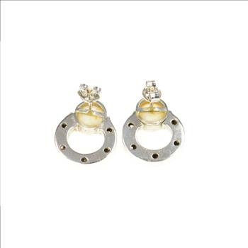 18K 0.84 Ctw Button Pearl Diamond Circle Statement White Gold Earrings