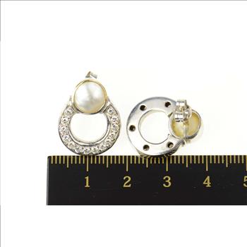 18K 0.84 Ctw Button Pearl Diamond Circle Statement White Gold Earrings