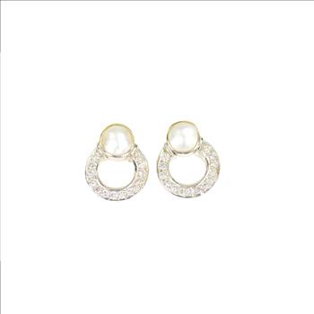 18K 0.84 Ctw Button Pearl Diamond Circle Statement White Gold Earrings