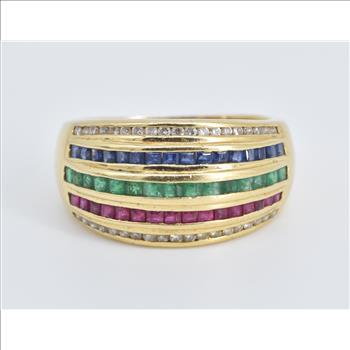 18K 0.95Ctw Natural Diamond Emerald Ruby Sapphire Yellow Gold Ring, Size 7.5