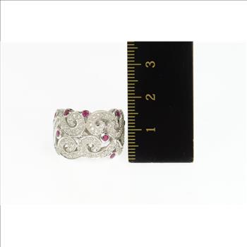 18K 1.07 Ctw Ruby Diamond Ornate Swirl Statement White Gold Ring, Size 6