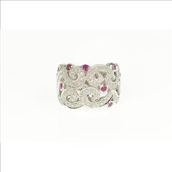 18K 1.07 Ctw Ruby Diamond Ornate Swirl Statement White Gold Ring, Size 6