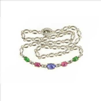 18K 11.65 Ctw Sapphire Ruby Diamond Emerald White Gold Necklace 15.5