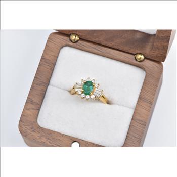 18K 1.27 Ctw Emerald Diamond Halo Engagement Yellow Gold Ring, Size 4.25