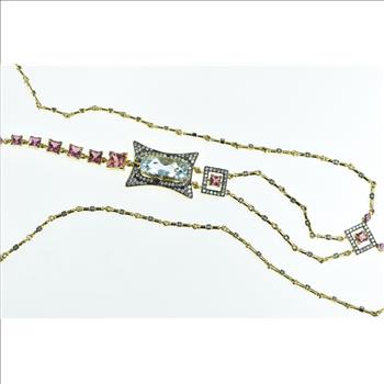 18K 13.50 Ctw Aquamarine Diamond Tie Yellow Gold Necklace 17.25