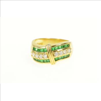 18K 1.58 Ctw Emerald Diamond Wavy Band Yellow Gold Ring, Size 7