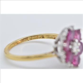18K 1.70 Ctw Natural Ruby Diamond Flower Cluster Yellow Gold Ring, Size 6.5